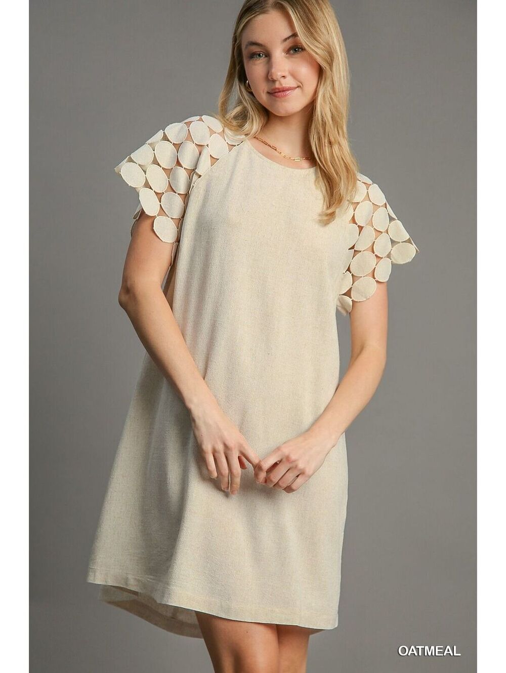 Umgee Round Neck Mini Dress with Textured Lace Fabric Raglan Sleeve